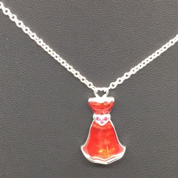 Swarovski Red Enamel Dress Pendant Silver Tone Necklace - Picture 2 of 16